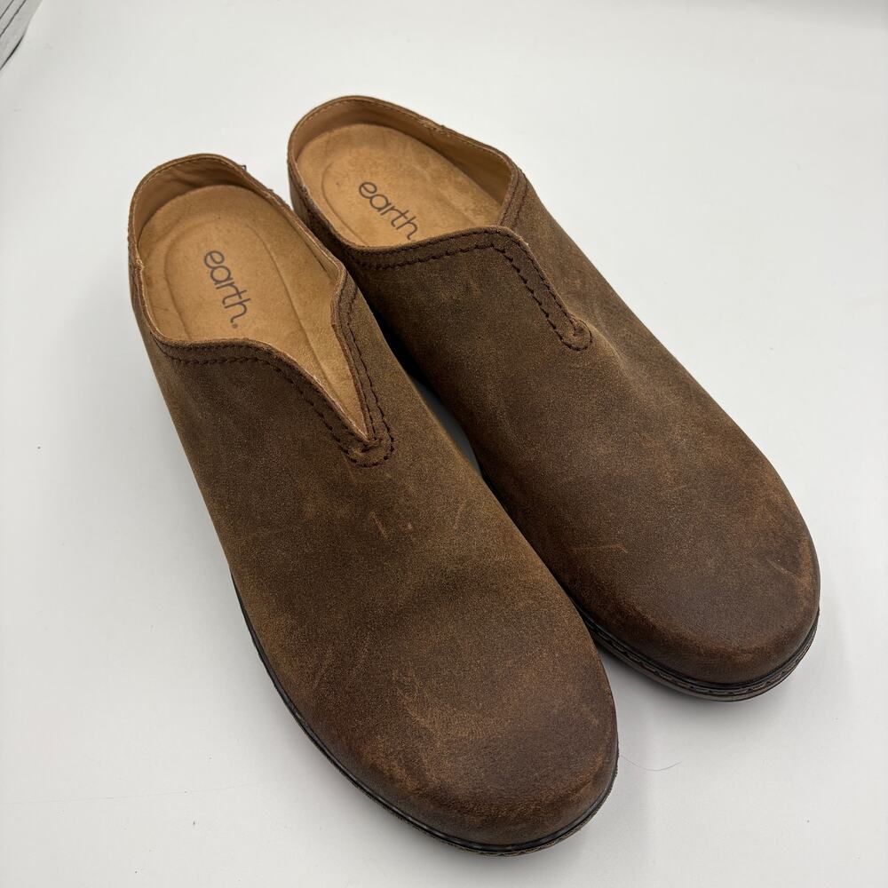 Earth Kolia Slip-On Heeled Clogs Brown Leather 12 Shoes Comfort